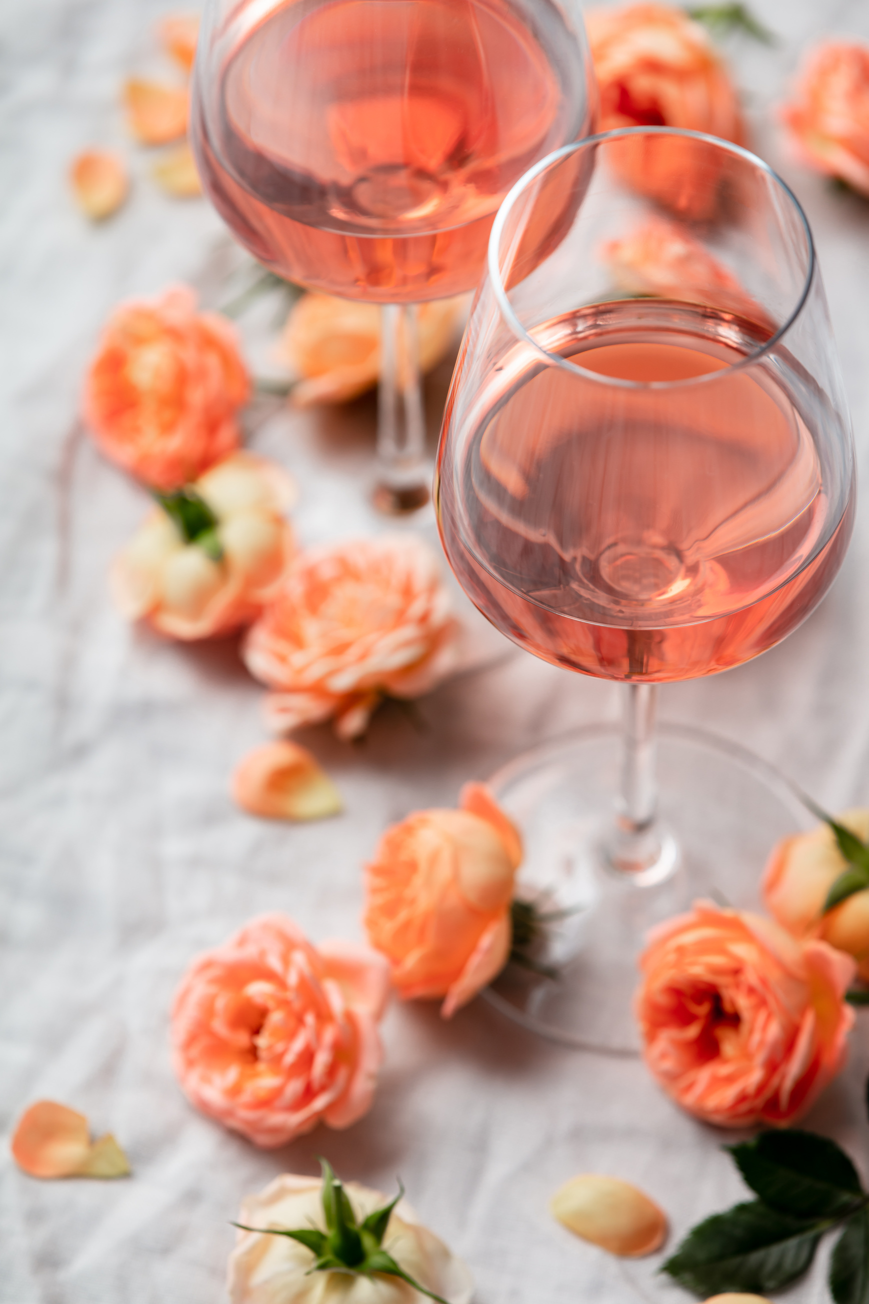 Rose Wine in Glasses with Pink Roses